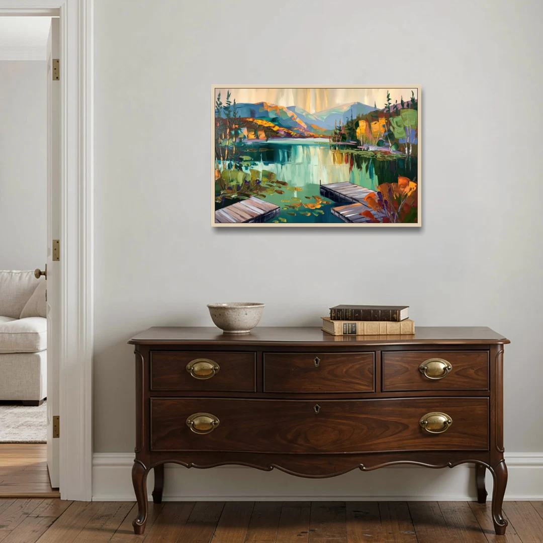Lake Placid Mirror Lake View - Oak Framed Canvas Wall Art - Coffee Table - 36x24