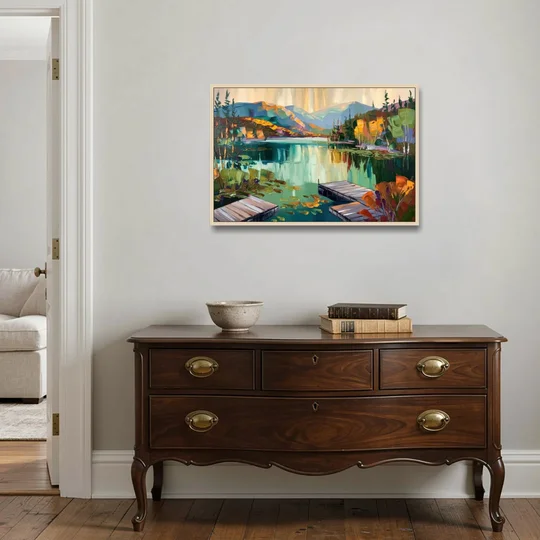 Lake Placid Mirror Lake View - Oak Framed Canvas Wall Art - Coffee Table - 36x24