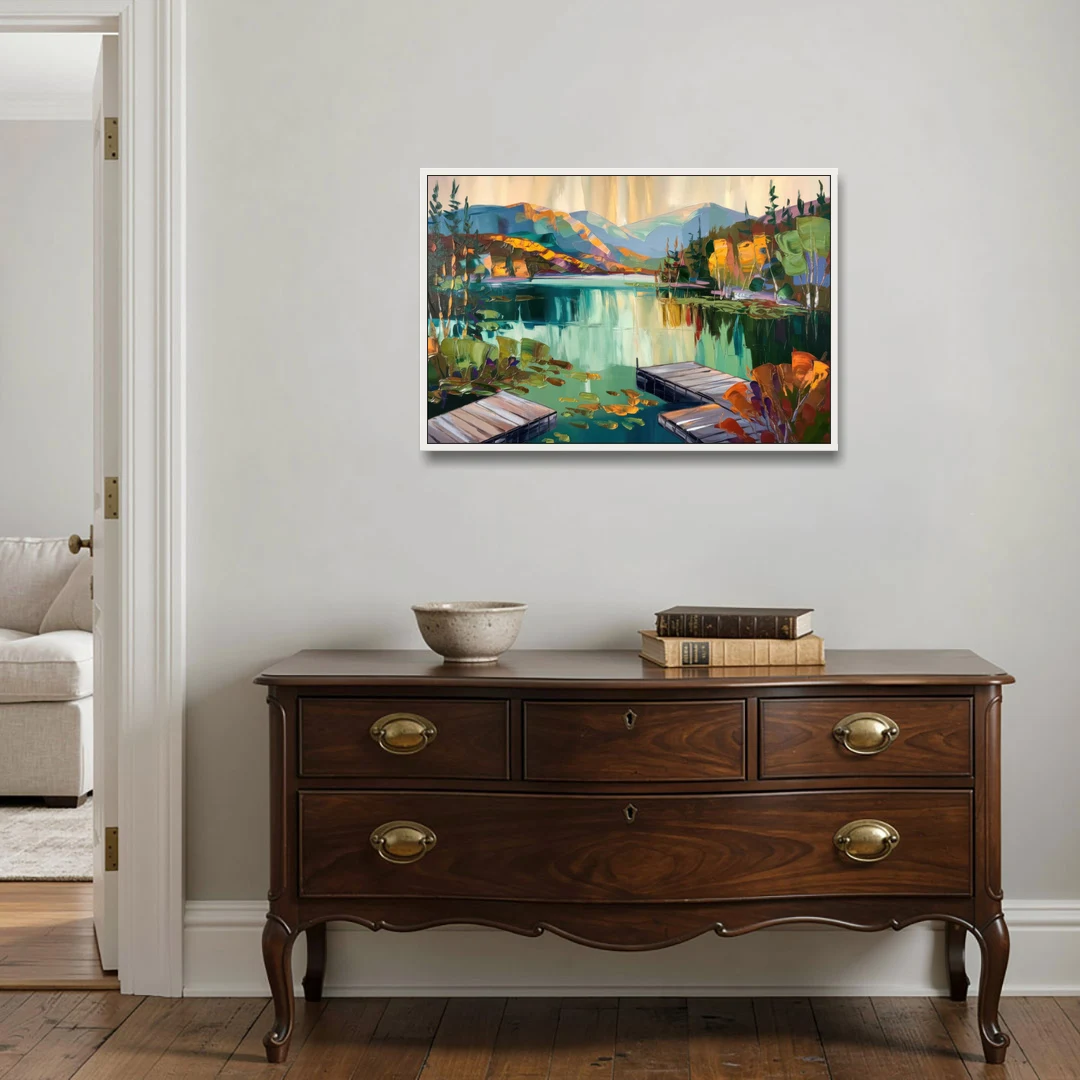 Lake Placid Mirror Lake View - White Framed Canvas Wall Art - Coffee Table - 36x24