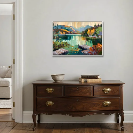 Lake Placid Mirror Lake View - White Framed Canvas Wall Art - Coffee Table - 36x24