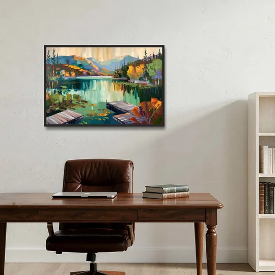 Lake Placid Mirror Lake View - Black Framed Canvas Wall Art - Office - 36x24