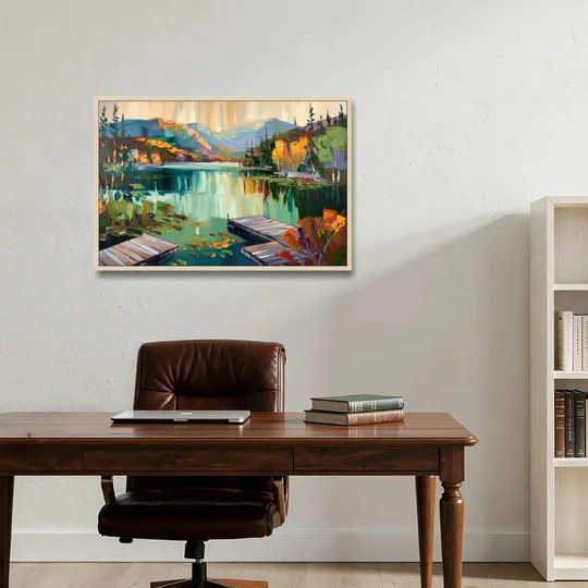 Lake Placid Mirror Lake View - Oak Framed Canvas Wall Art - Office - 36x24