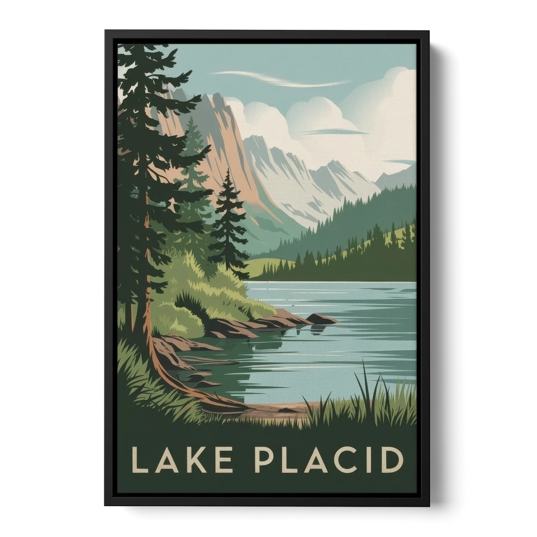 Lake Placid Mountain Escape - Black Framed Canvas Wall Art - Front