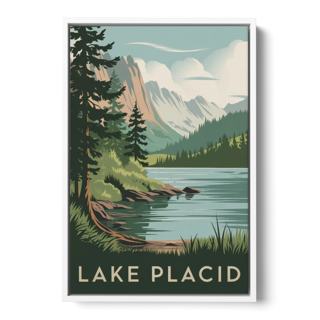 Lake Placid Mountain Escape - White Framed Canvas Wall Art - Front