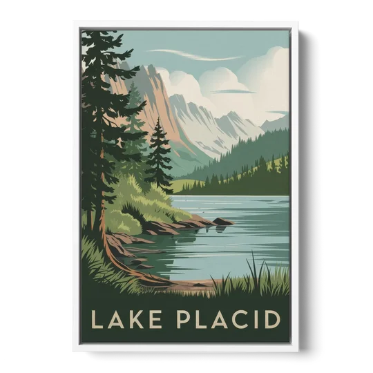 Lake Placid Mountain Escape - White Framed Canvas Wall Art - Front