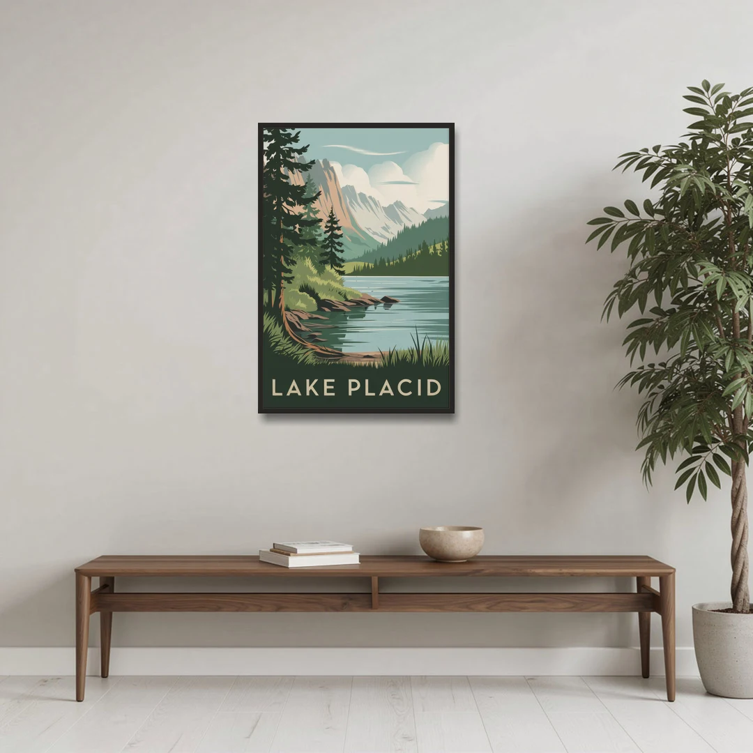 Lake Placid Mountain Escape - Black Framed Canvas Wall Art - Coffee Table - 24x36