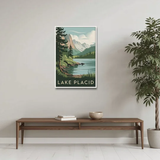 Lake Placid Mountain Escape - White Framed Canvas Wall Art - Coffee Table - 24x36