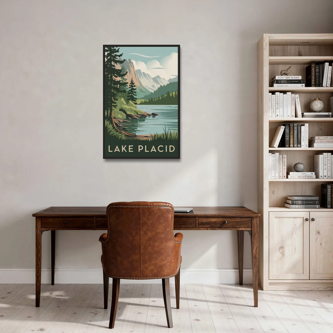 Lake Placid Mountain Escape - Black Framed Canvas Wall Art - Office - 24x36