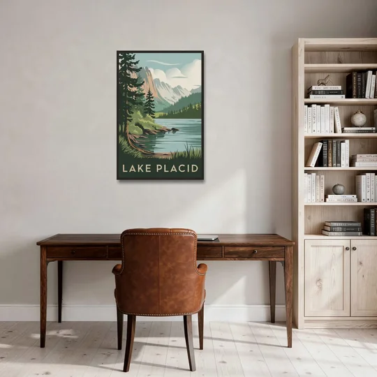 Lake Placid Mountain Escape - Black Framed Canvas Wall Art - Office - 24x36