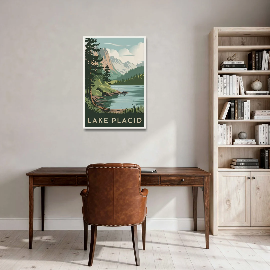 Lake Placid Mountain Escape - White Framed Canvas Wall Art - Office - 24x36