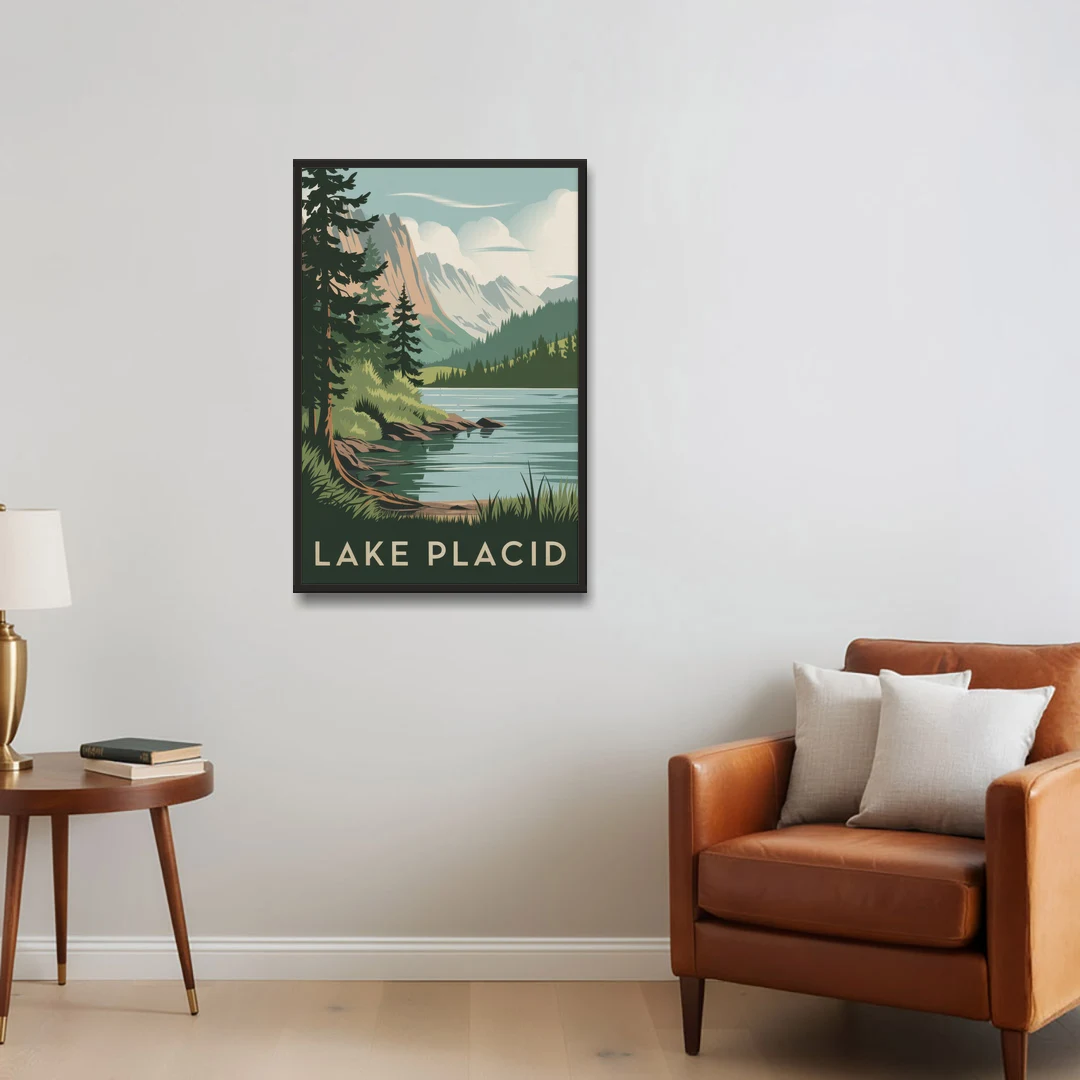 Lake Placid Mountain Escape - Black Framed Canvas Wall Art - Sofa - 24x36