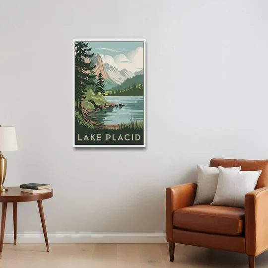 Lake Placid Mountain Escape - White Framed Canvas Wall Art - Sofa - 24x36
