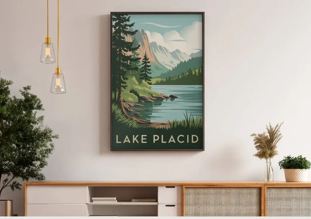 Lake Placid Mountain Escape canvas wall art above a wooden sideboard under pendant lights