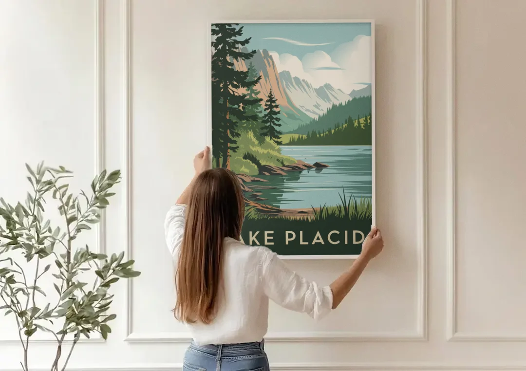 Lake Placid Mountain Escape canvas wall art being hung on a paneled wall