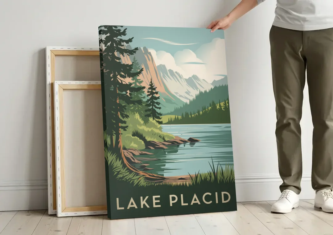 Lake Placid Mountain Escape canvas wall art leaning against a wall next to blank canvases
