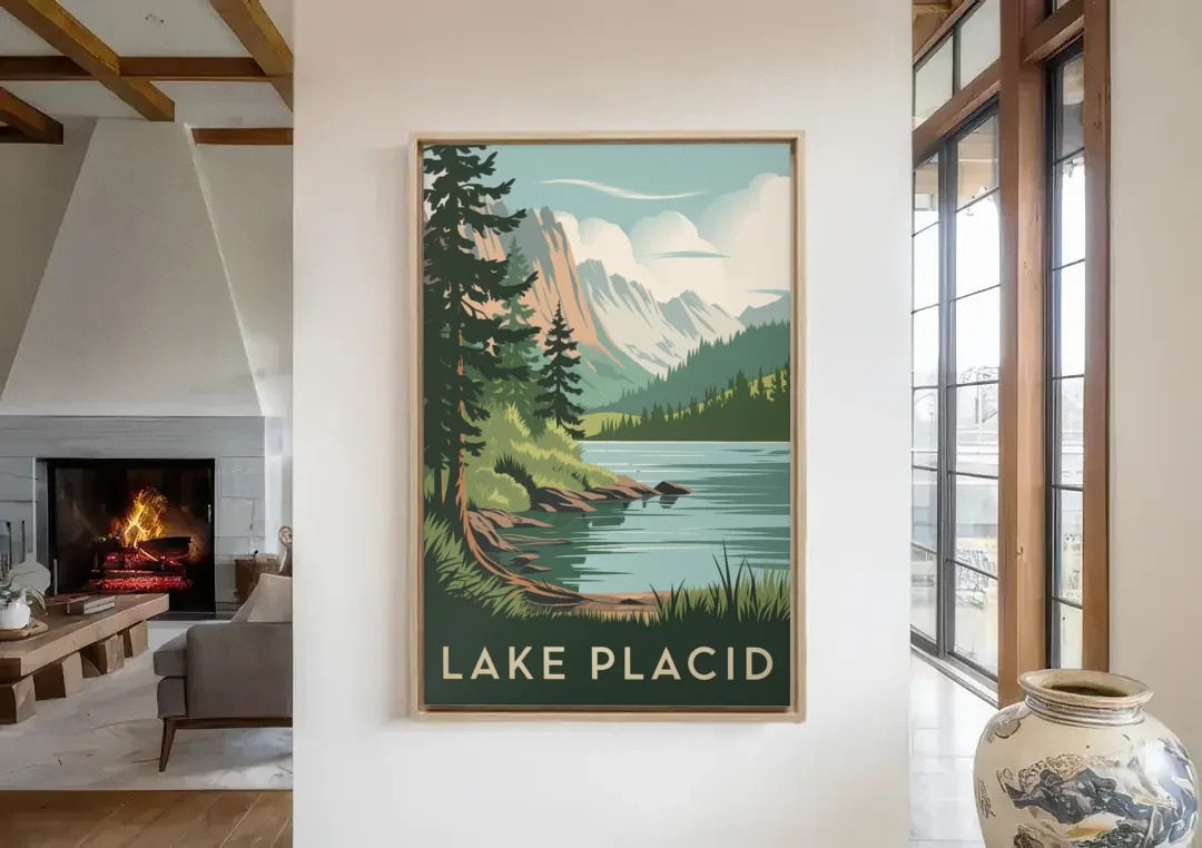 Lake Placid Mountain Escape canvas wall art in a living room with a fireplace
