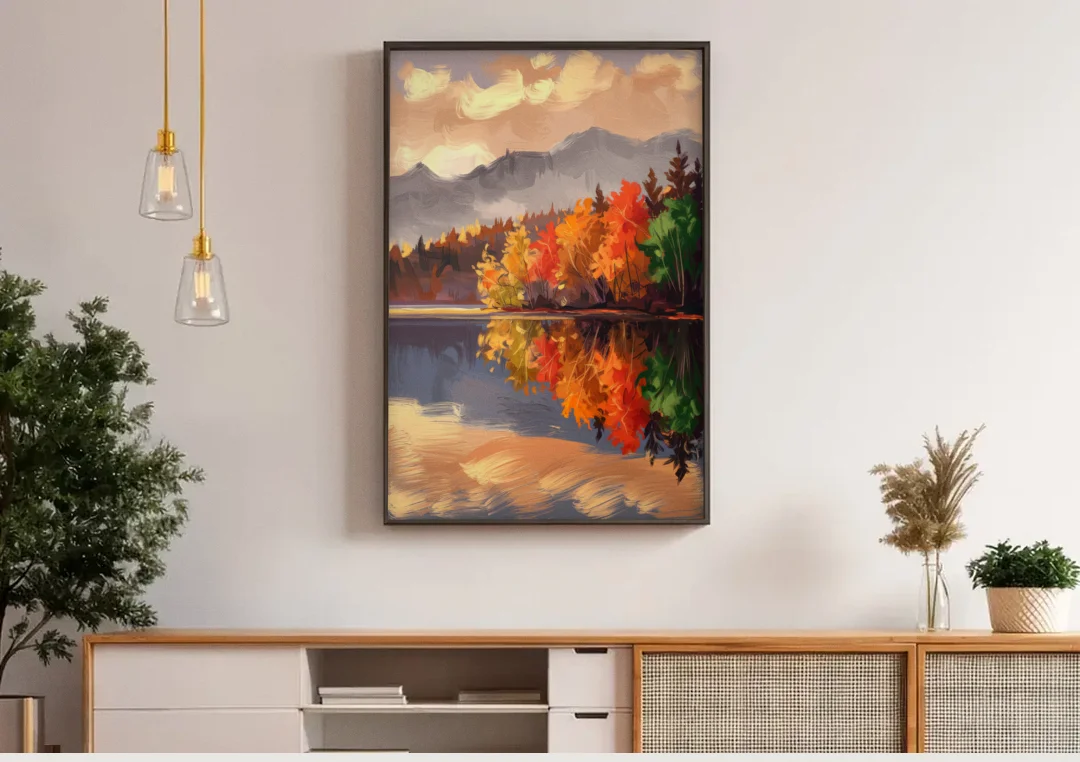 Lake Placid Scenic Reflections canvas wall art above a wooden sideboard under pendant lights