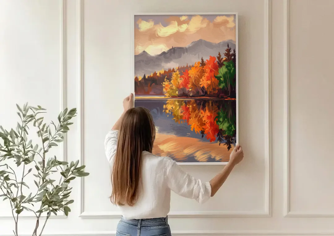 Lake Placid Scenic Reflections canvas wall art being hung on a paneled wall