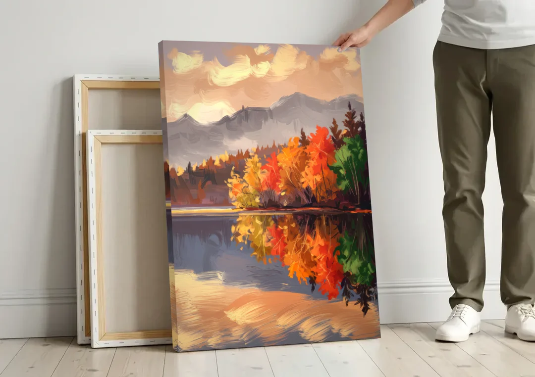 Lake Placid Scenic Reflections canvas wall art leaning against a wall next to blank canvases
