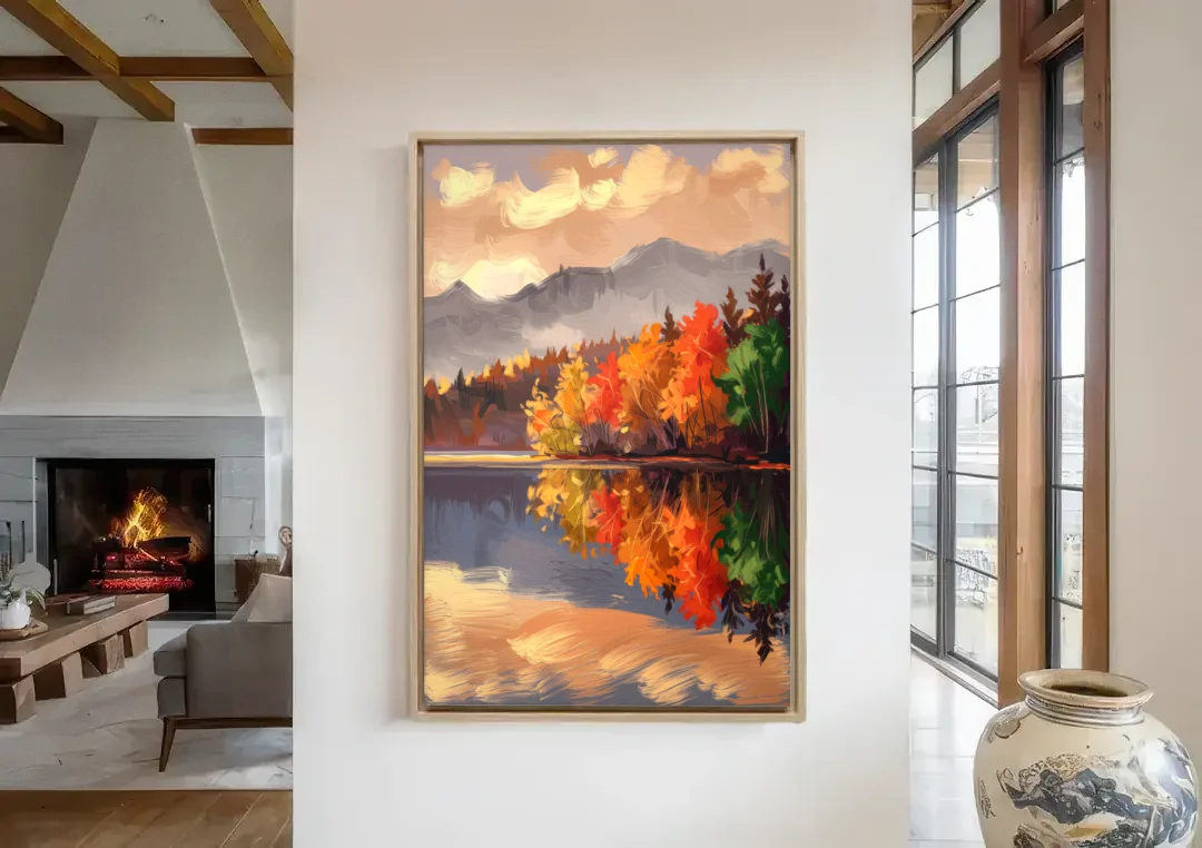 Lake Placid Scenic Reflections canvas wall art in a living room with a fireplace
