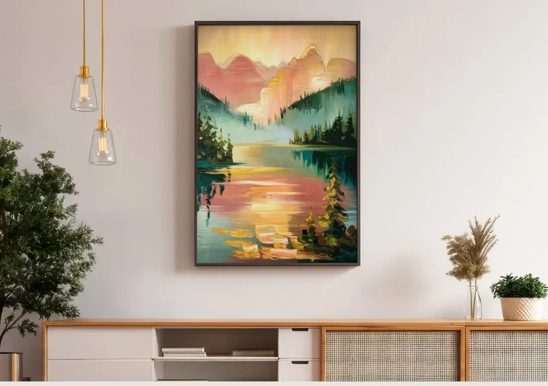Lake Placid Sunrise Over Peaks canvas wall art above a wooden sideboard under pendant lights