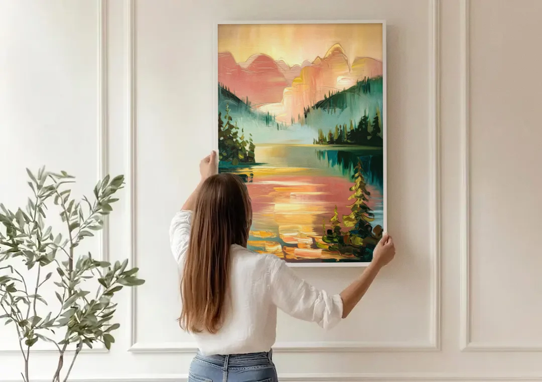 Lake Placid Sunrise Over Peaks canvas wall art being hung on a paneled wall