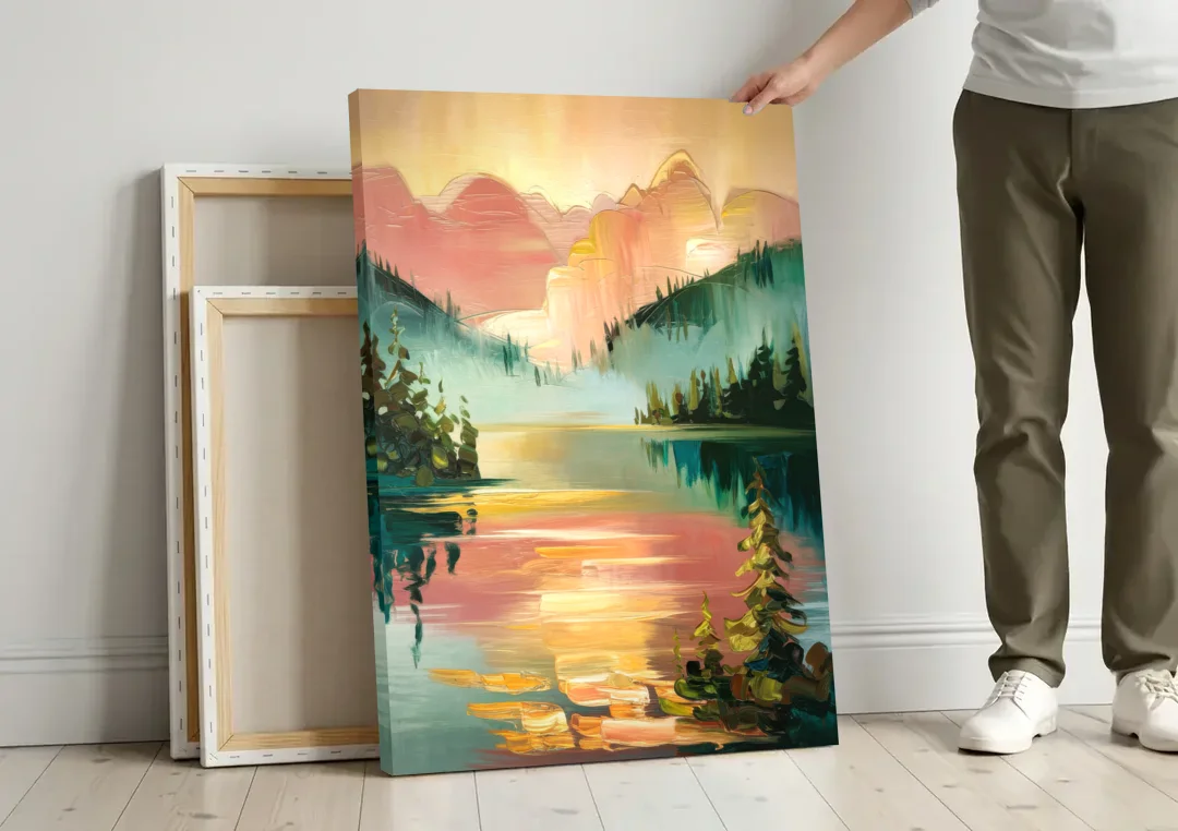 Lake Placid Sunrise Over Peaks canvas wall art leaning against a wall next to blank canvases