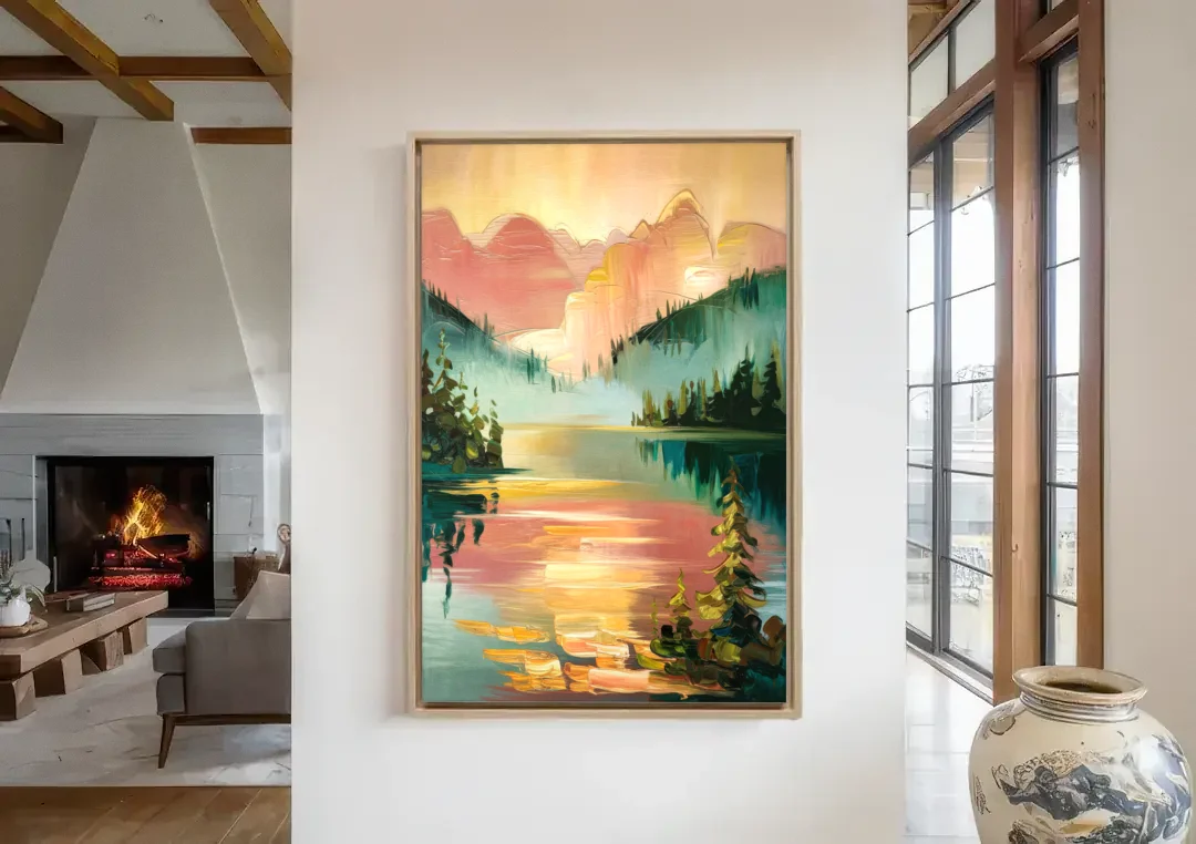 Lake Placid Sunrise Over Peaks canvas wall art in a living room with a fireplace