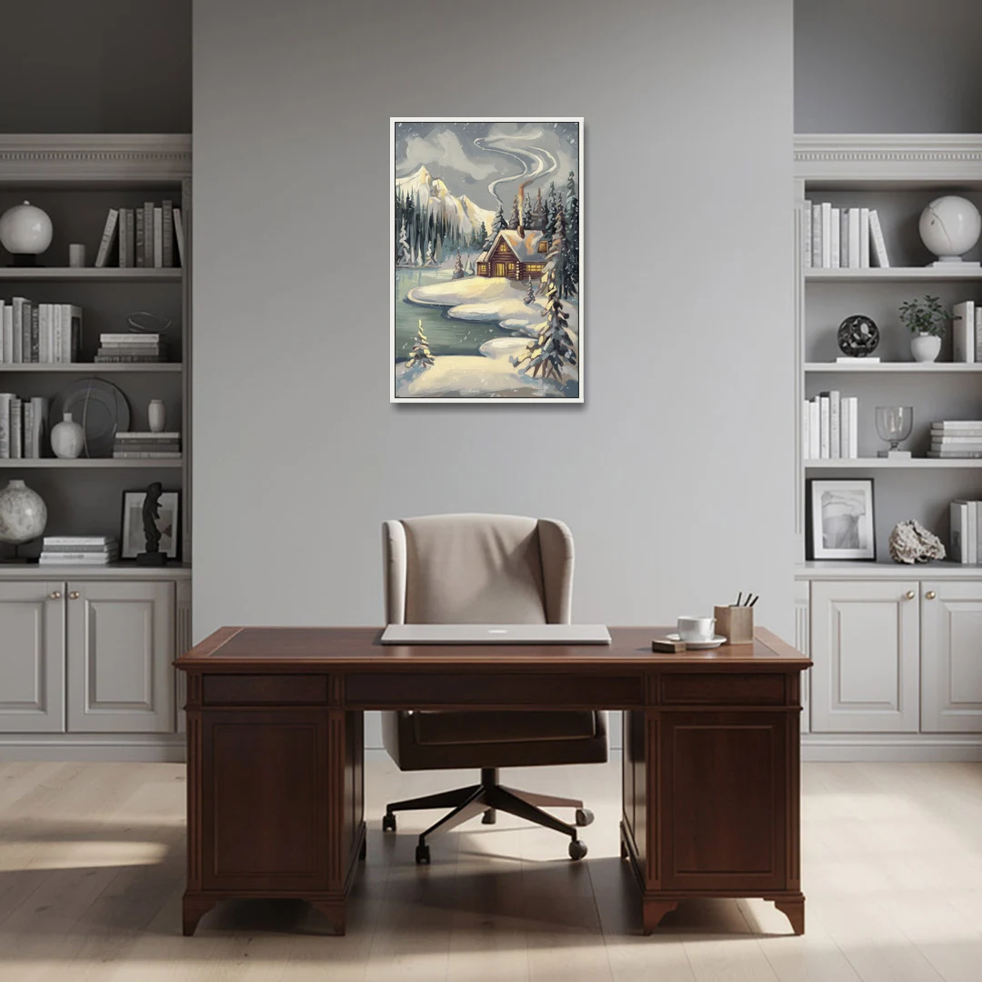 Lake Placid Winter Wonderland - White Framed Canvas Wall Art - Office - 24x36