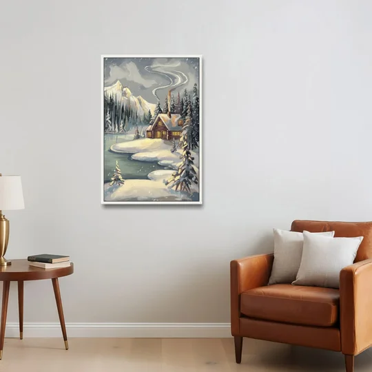 Lake Placid Winter Wonderland - White Framed Canvas Wall Art - Sofa - 24x36