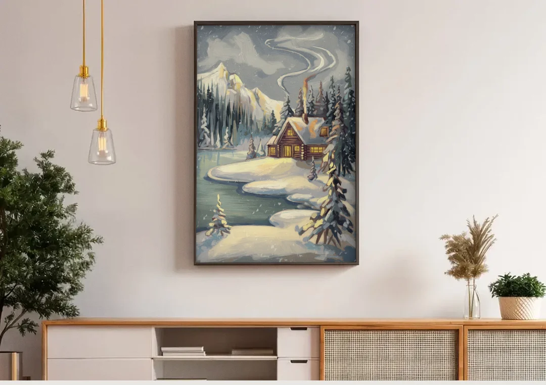 Lake Placid Winter Wonderland canvas wall art above a wooden sideboard under pendant lights