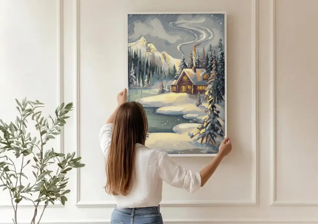 Lake Placid Winter Wonderland canvas wall art being hung on a paneled wall