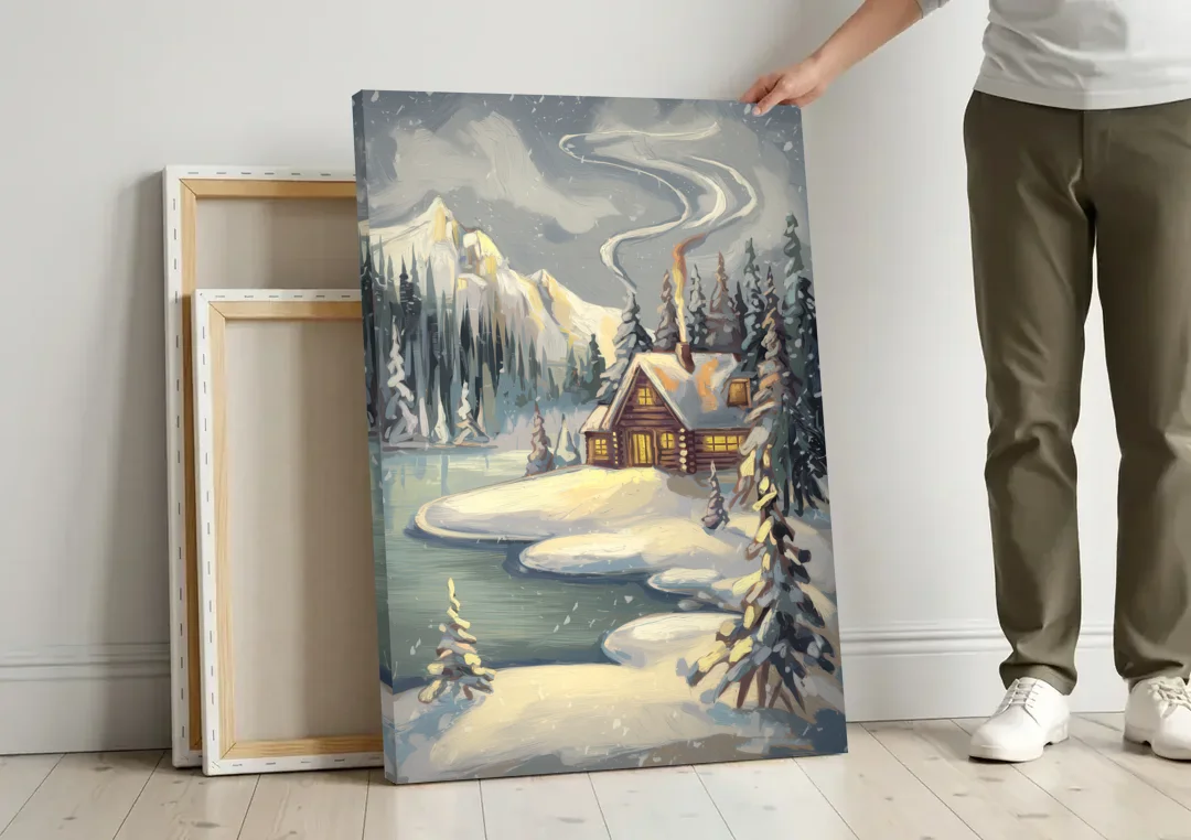 Lake Placid Winter Wonderland canvas wall art leaning against a wall next to blank canvases