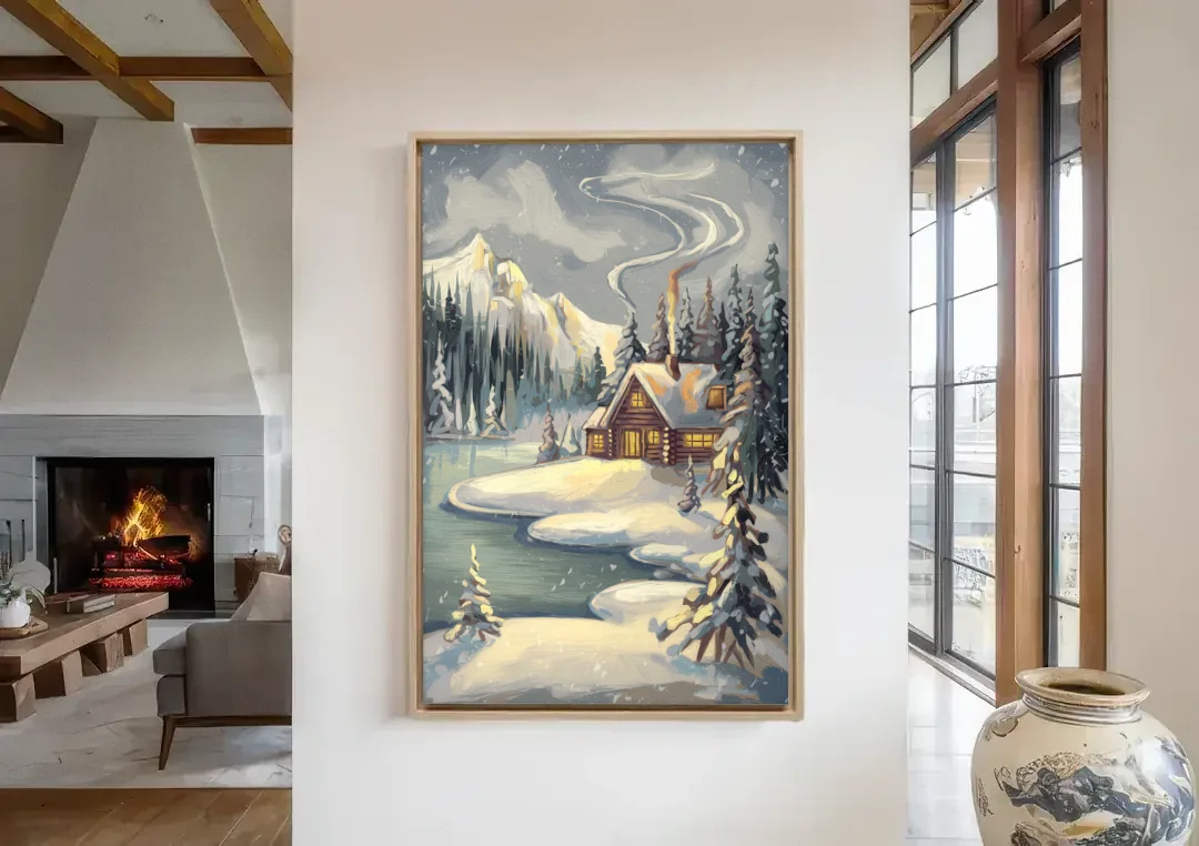 Lake Placid Winter Wonderland canvas wall art in a living room with a fireplace