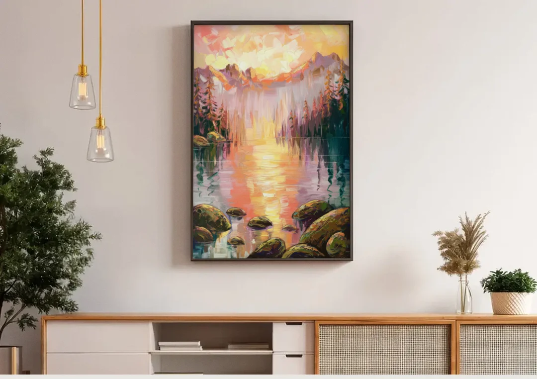Lake Tahoe Alpine Sunrise canvas wall art above a wooden sideboard under pendant lights