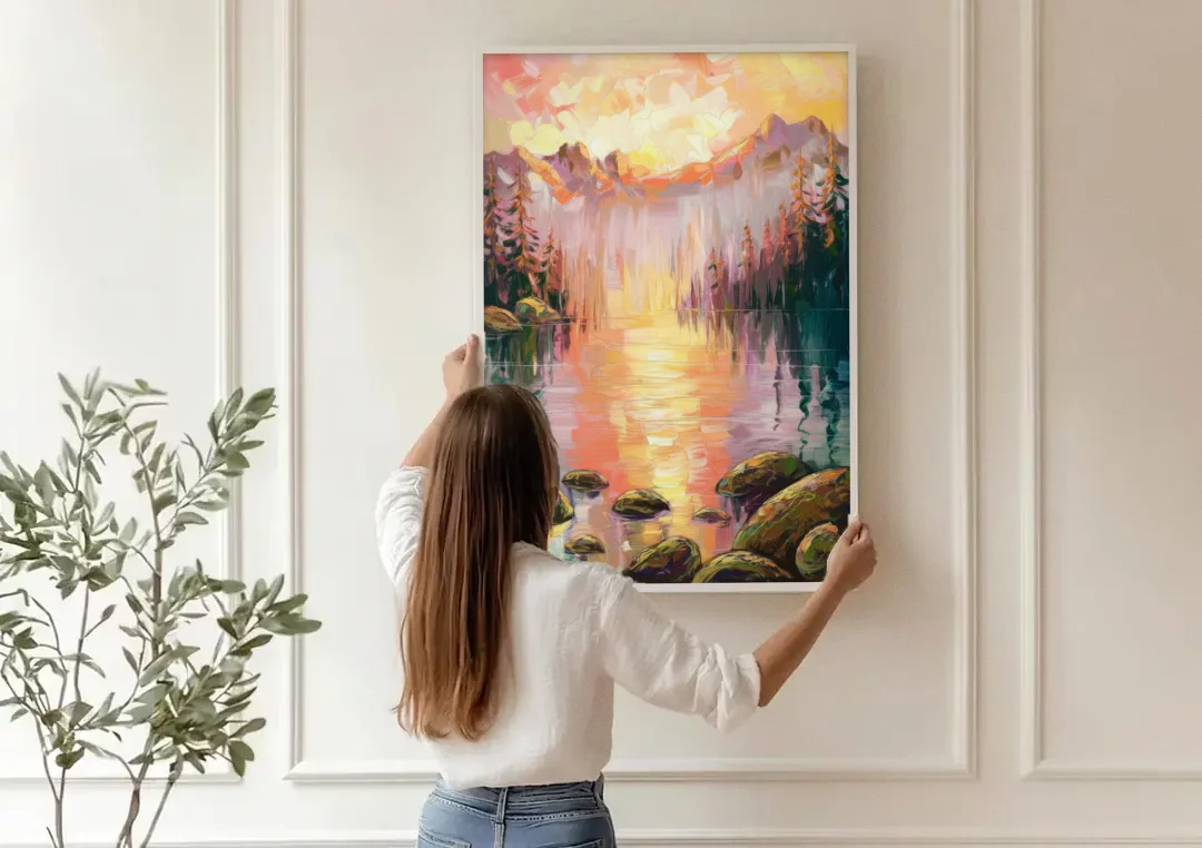 Lake Tahoe Alpine Sunrise canvas wall art being hung on a paneled wall