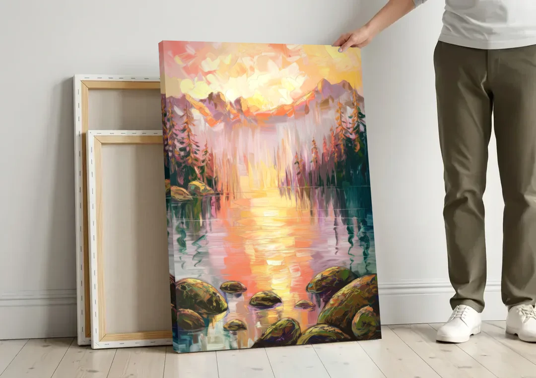 Lake Tahoe Alpine Sunrise canvas wall art leaning against a wall next to blank canvases