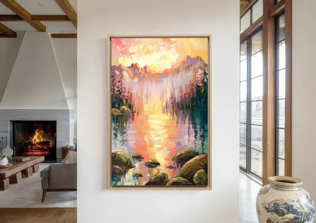 Lake Tahoe Alpine Sunrise canvas wall art in a living room with a fireplace