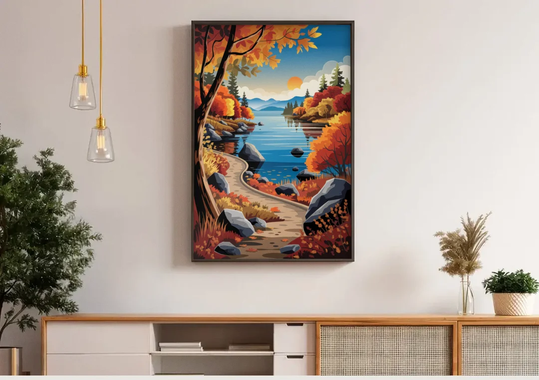 Lake Tahoe Autumn Colors canvas wall art above a wooden sideboard under pendant lights