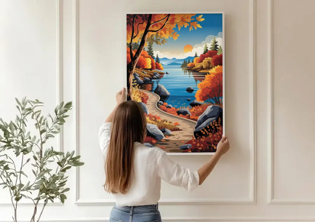Lake Tahoe Autumn Colors canvas wall art being hung on a paneled wall