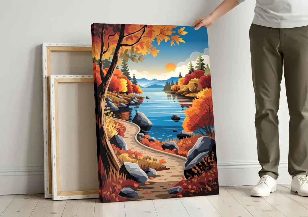 Lake Tahoe Autumn Colors canvas wall art leaning against a wall next to blank canvases