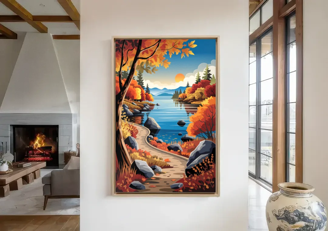 Lake Tahoe Autumn Colors canvas wall art in a living room with a fireplace