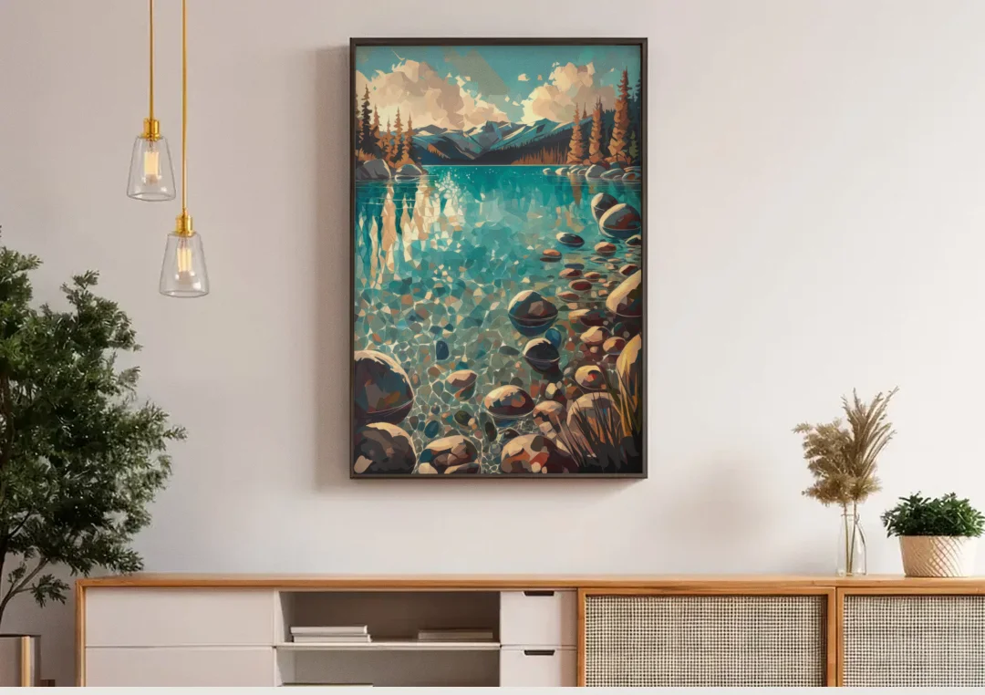Lake Tahoe Crystal Waterscape canvas wall art above a wooden sideboard under pendant lights