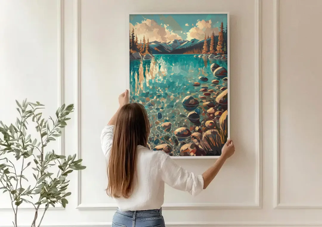 Lake Tahoe Crystal Waterscape canvas wall art being hung on a paneled wall