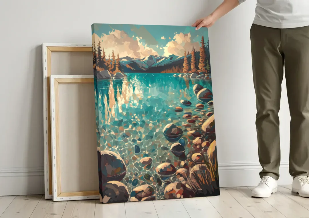 Lake Tahoe Crystal Waterscape canvas wall art leaning against a wall next to blank canvases