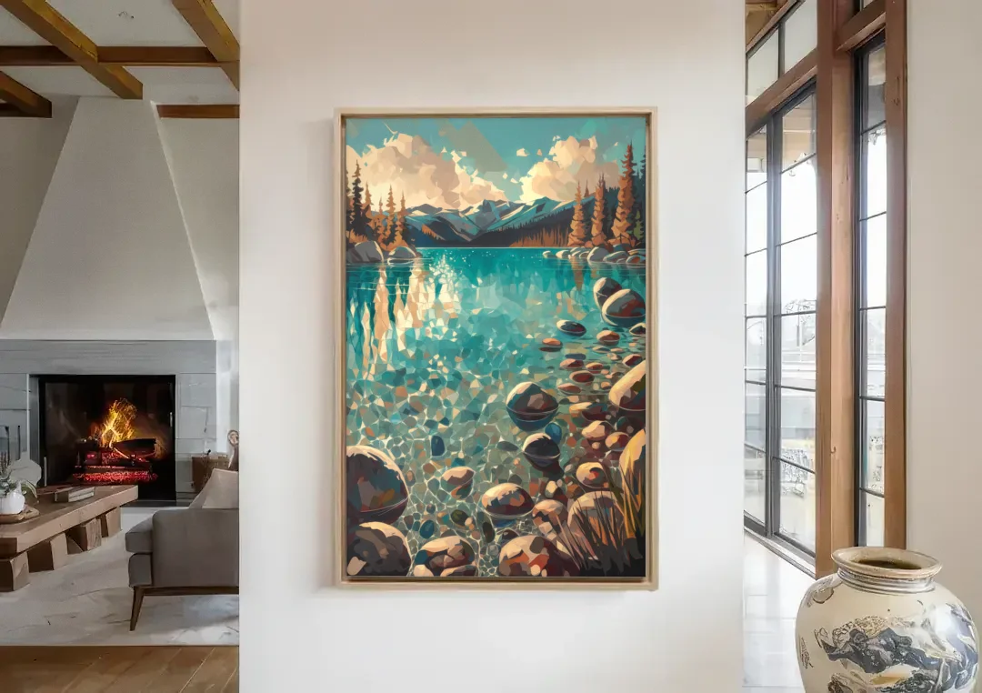 Lake Tahoe Crystal Waterscape canvas wall art in a living room with a fireplace