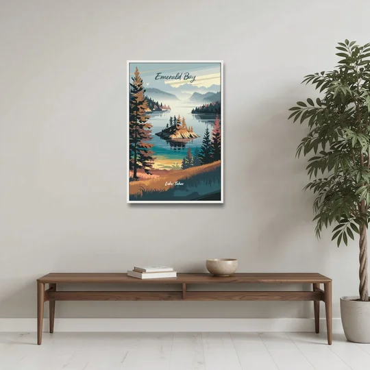 Lake Tahoe Emerald Bay View - White Framed Canvas Wall Art - Coffee Table - 24x36