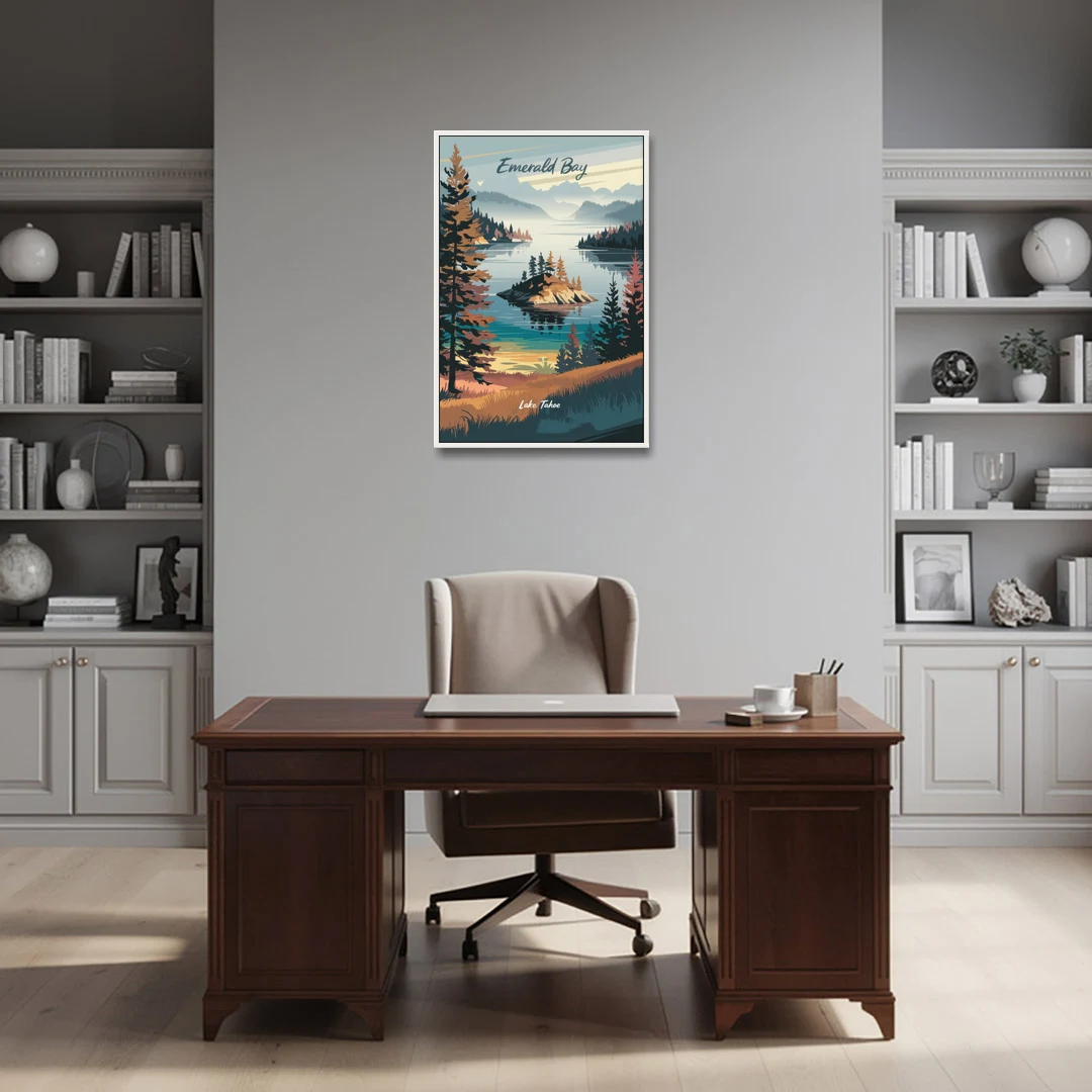 Lake Tahoe Emerald Bay View - White Framed Canvas Wall Art - Office - 24x36