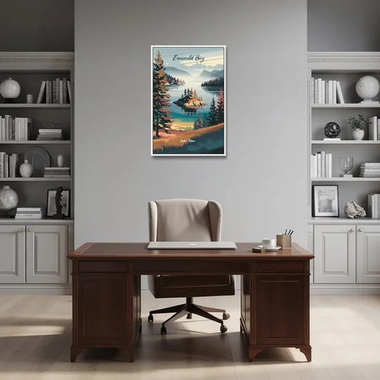 Lake Tahoe Emerald Bay View - White Framed Canvas Wall Art - Office - 24x36