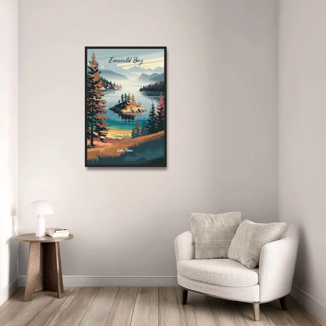 Lake Tahoe Emerald Bay View - Black Framed Canvas Wall Art - Sofa - 24x36